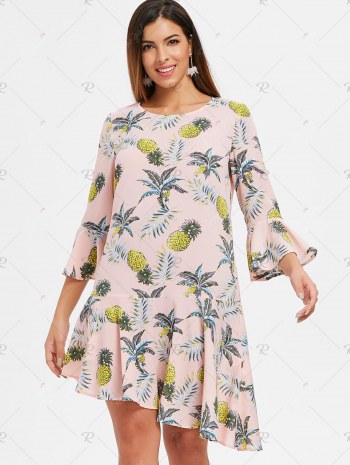 Flare Sleeve Flounce Pineapple Print Shift Dress
