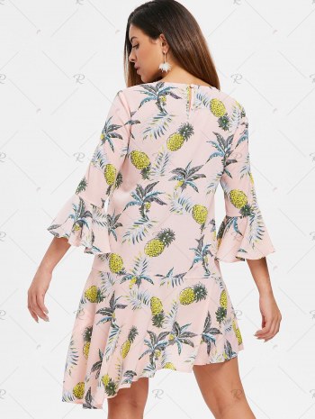 Flare Sleeve Flounce Pineapple Print Shift Dress