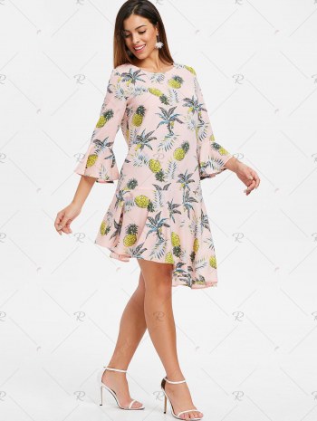 Flare Sleeve Flounce Pineapple Print Shift Dress