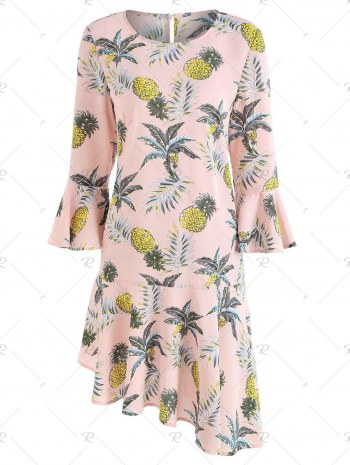 Flare Sleeve Flounce Pineapple Print Shift Dress