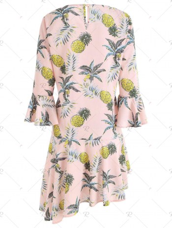 Flare Sleeve Flounce Pineapple Print Shift Dress