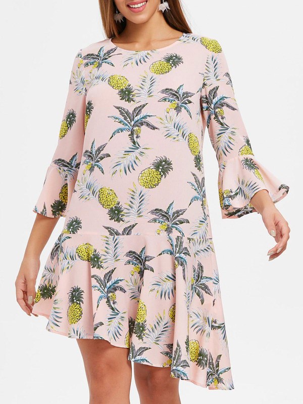 Flare Sleeve Flounce Pineapple Print Shift Dress