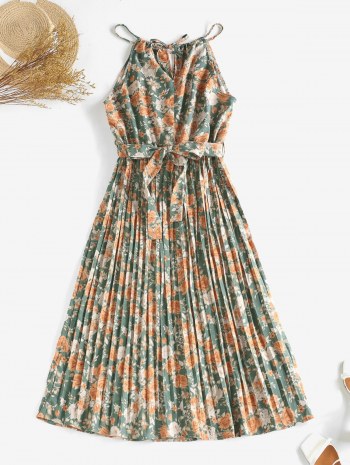 Floral Print Belted Keyhole Pleated Dress