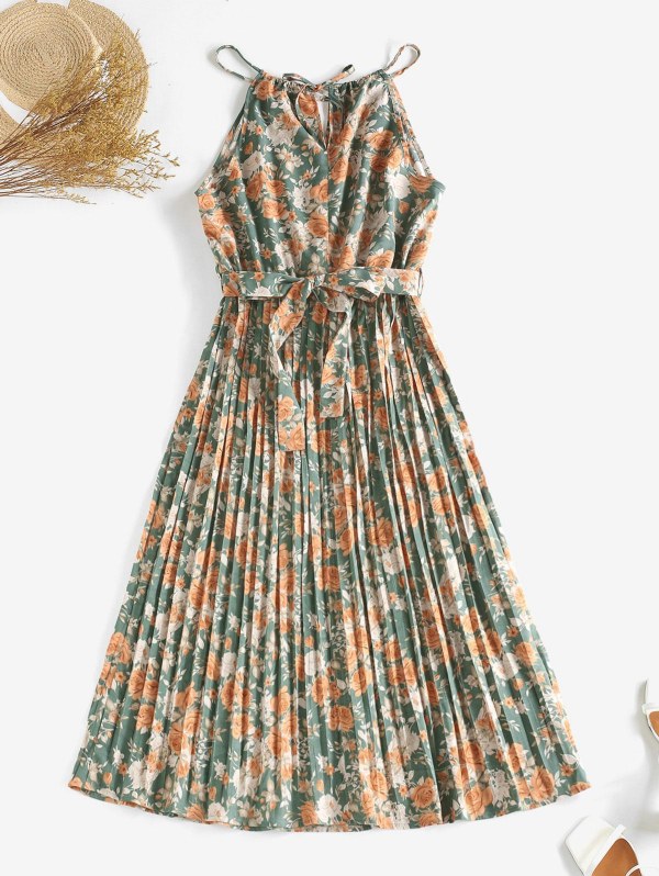 Floral Print Belted Keyhole Pleated Dress