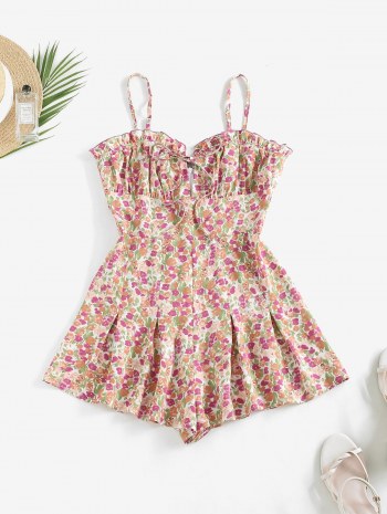 Floral Print Ruffle Pleated Detail Romper