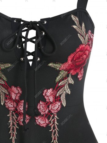 Flower Embroidered Lace-up High Low Dress