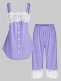 Flower Lace Insert Heathered Pajama Set