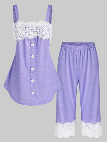 Flower Lace Insert Heathered Pajama Set