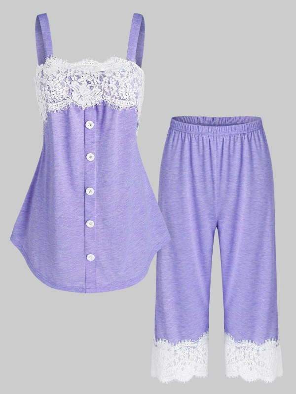 Flower Lace Insert Heathered Pajama Set