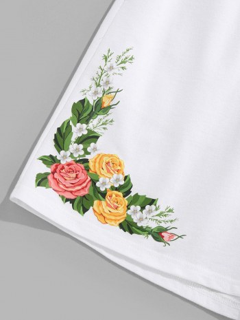 Flower Print Drawstring Sweat Shorts