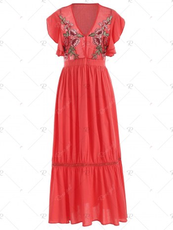 Flutter Sleeve Embroidered Mesh Dress