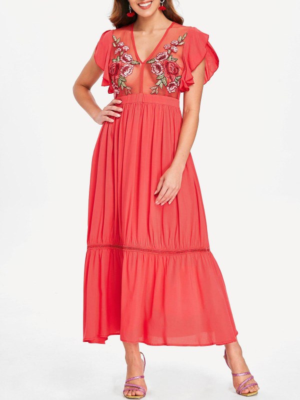 Flutter Sleeve Embroidered Mesh Dress