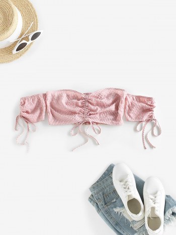 Gingham Off Shoulder Cinched Tie Crop Blouse