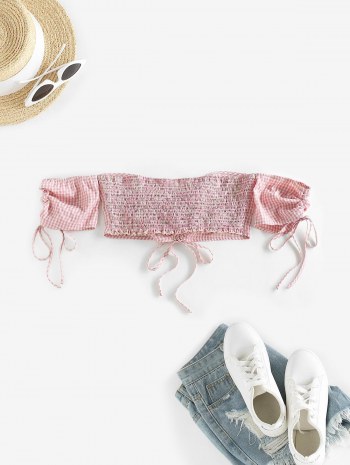 Gingham Off Shoulder Cinched Tie Crop Blouse