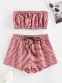 Gingham Ruched Tube Top And Drawstring Shorts Set