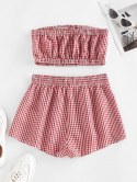 Gingham Ruched Tube Top And Drawstring Shorts Set