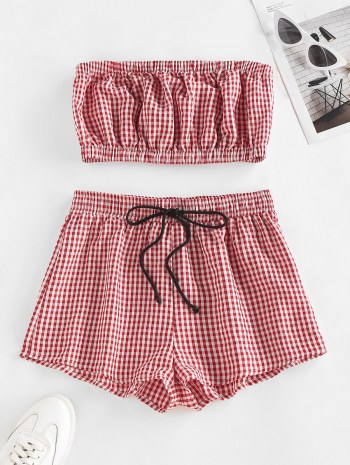 Gingham Ruched Tube Top And Drawstring Shorts Set