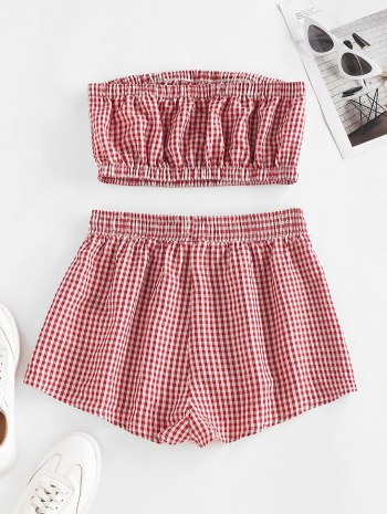 Gingham Ruched Tube Top And Drawstring Shorts Set