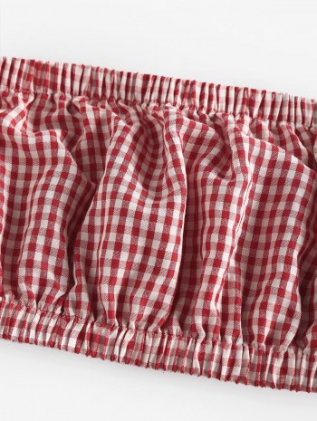 Gingham Ruched Tube Top And Drawstring Shorts Set