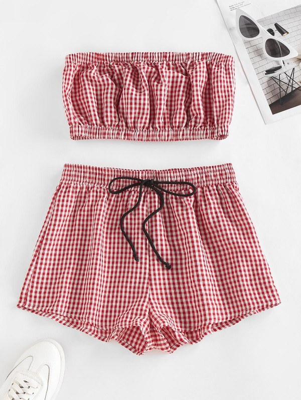 Gingham Ruched Tube Top And Drawstring Shorts Set