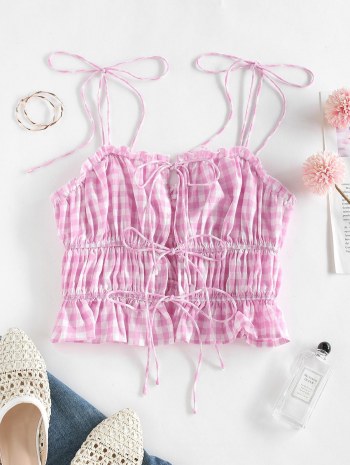 Gingham Tie Ruched Crop Cami Top