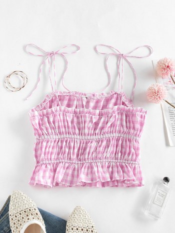 Gingham Tie Ruched Crop Cami Top