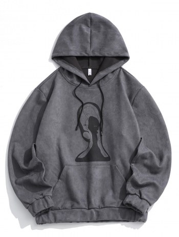 Graphic Print Front Pocket Suede Hoodie