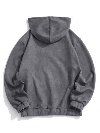 Graphic Print Front Pocket Suede Hoodie