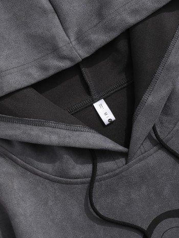 Graphic Print Front Pocket Suede Hoodie