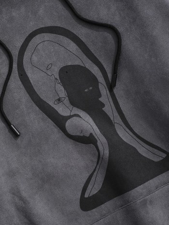 Graphic Print Front Pocket Suede Hoodie