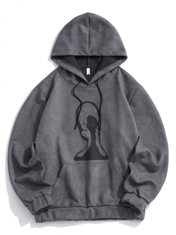 Graphic Print Front Pocket Suede Hoodie