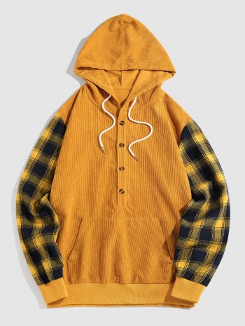 Half Button Plaid Sleeve Hoodie