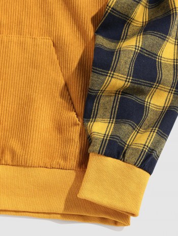Half Button Plaid Sleeve Hoodie