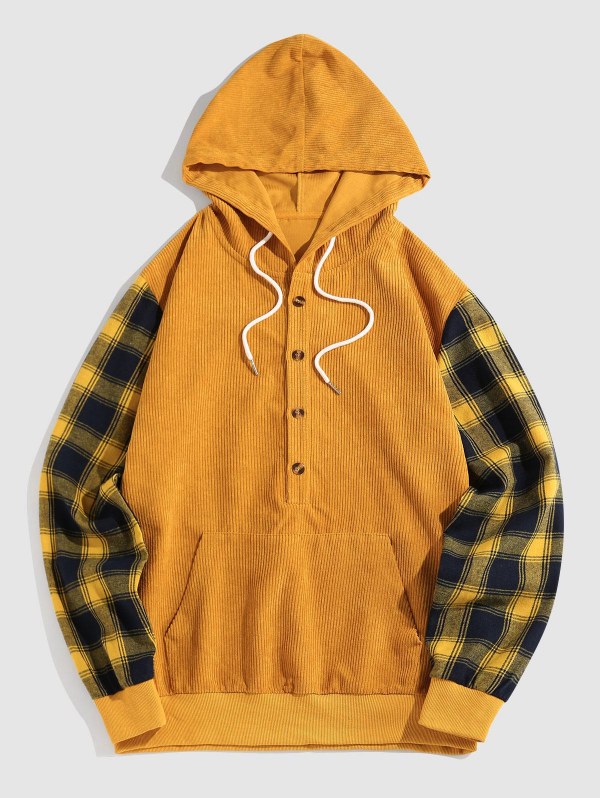 Half Button Plaid Sleeve Hoodie