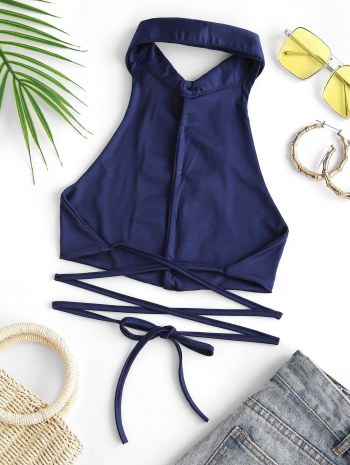 Halter Button Up Backless Midriff Flossing Crop Top