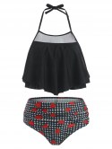 Halter Mesh Panel Strawberry Print Gingham Tankini Swimwear