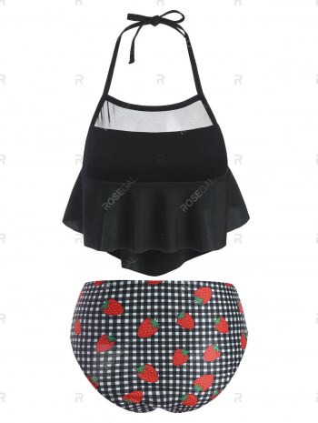 Halter Mesh Panel Strawberry Print Gingham Tankini Swimwear