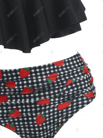 Halter Mesh Panel Strawberry Print Gingham Tankini Swimwear