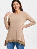 High Low Lace Panel Long Sleeve T-shirt