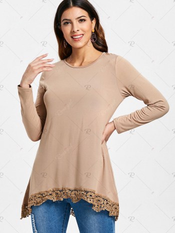 High Low Lace Panel Long Sleeve T-shirt