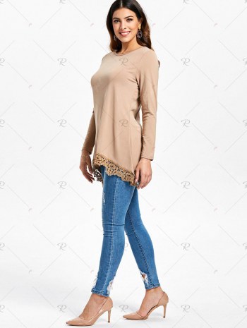 High Low Lace Panel Long Sleeve T-shirt
