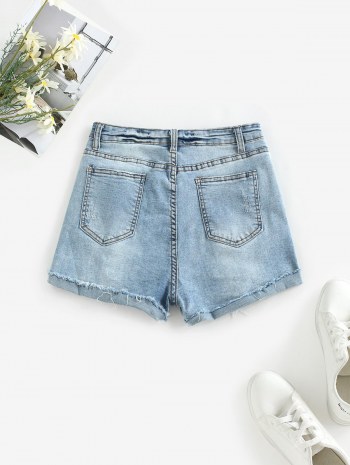 High Waisted Distressed Rolled Hem Denim Shorts