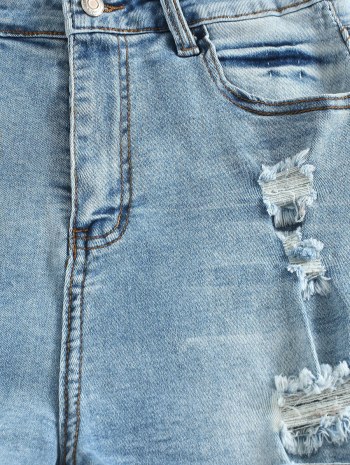 High Waisted Distressed Rolled Hem Denim Shorts