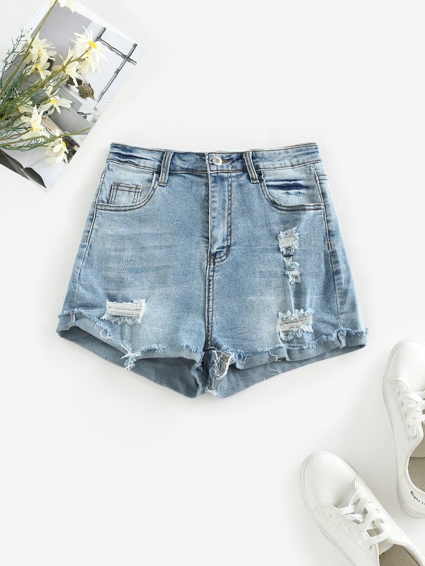 High Waisted Distressed Rolled Hem Denim Shorts