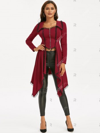 Lace-up Lace Trim Faux Twinset Skirted Coat