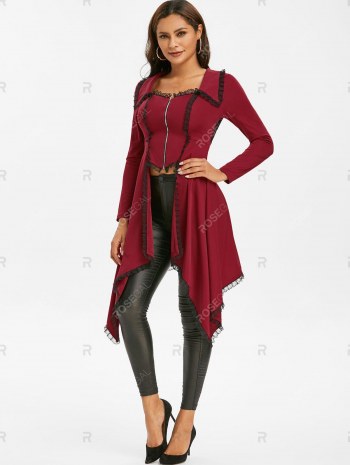Lace-up Lace Trim Faux Twinset Skirted Coat