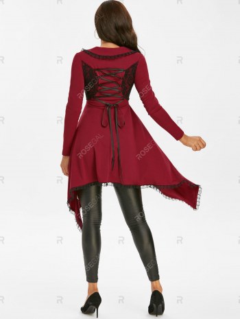 Lace-up Lace Trim Faux Twinset Skirted Coat