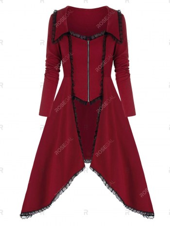 Lace-up Lace Trim Faux Twinset Skirted Coat