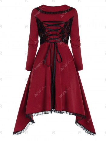 Lace-up Lace Trim Faux Twinset Skirted Coat