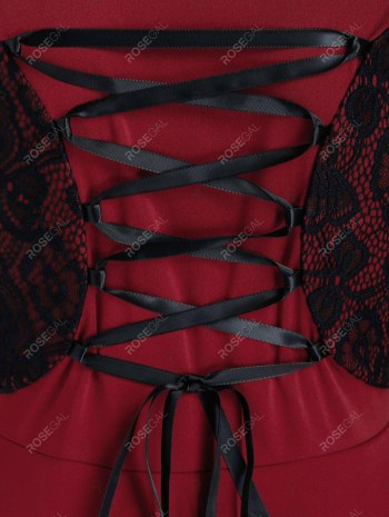 Lace-up Lace Trim Faux Twinset Skirted Coat